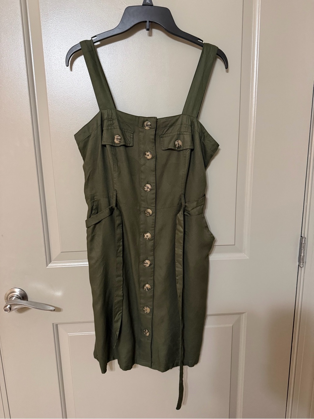 Japna Olive Button-Front Midi Dress with Straps
